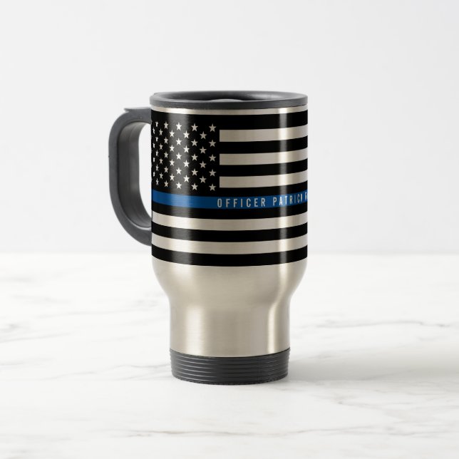 Thin Blue Line Police Flag Monogram Large Travel Mug (Front Left)