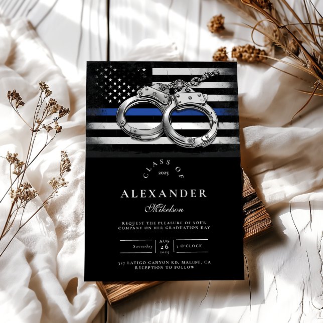 Thin Blue Line Police Graduation with Handcuffs Invitation (Creator Uploaded)