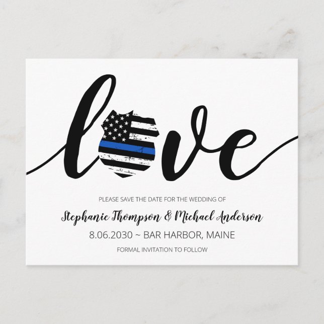 Thin Blue Line Police Law Enforcement Wedding Save Announcement Postcard (Front)
