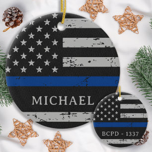 Thin Blue Line - Police Officer - American Flag Ceramic Ornament
