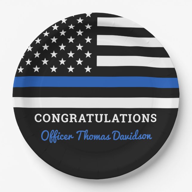 Thin Blue Line Police Party Congratulations Paper Plate (Front)