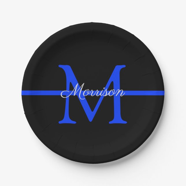 Thin Blue Line Police Retirement Party Monogram Paper Plate (Front)