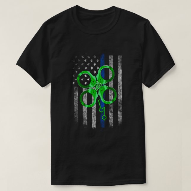 Thin Blue Line Police St Patrick's Day Clover T-Shirt (Design Front)
