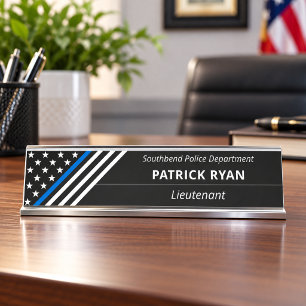 Thin Blue Line Police Stars Stripes Monogram Desk Name Plate