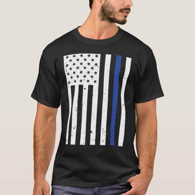 Thin Blue Line Police USA Flag T-Shirt (Front)