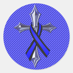 Thin Blue Line Prayer For Safety Cross and Ribbon Classic Round Sticker