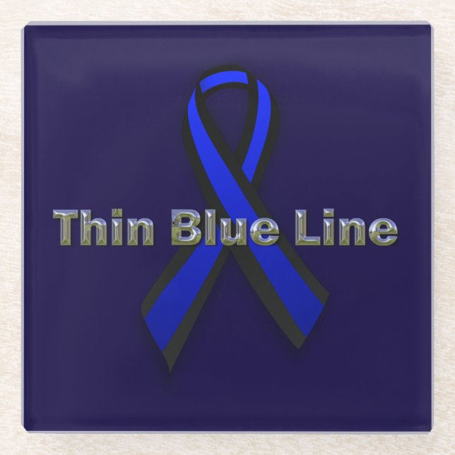Thin Blue Line Ribbon Glass Coaster (Front)
