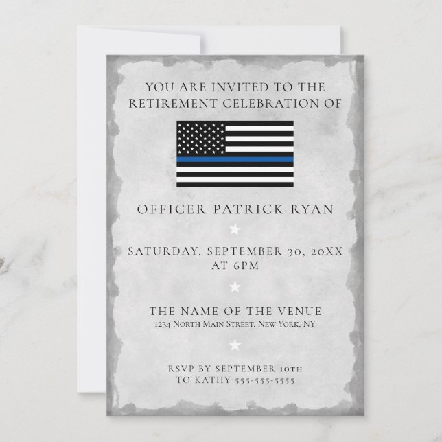Thin Blue Line Silver Police Flag Retirement Party Invitation (Front)