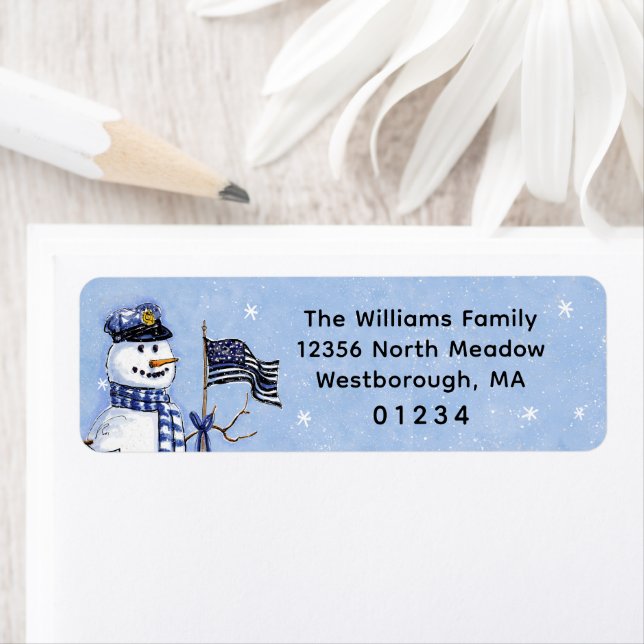 Thin Blue Line Snowman Holiday Return Address (Insitu)