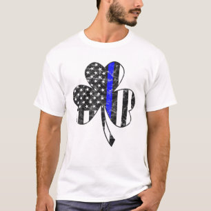 Thin Blue Line St Patricks Day Shamrock Irish Flag T-Shirt