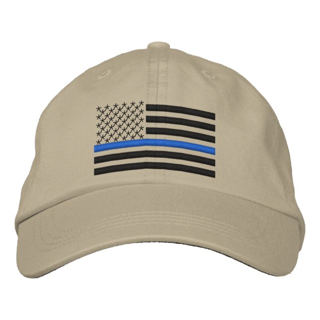 Thin Blue Line US Flag in Black Embroidered Hat (Front)