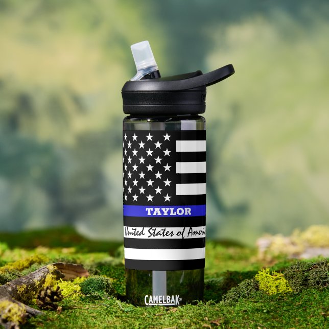 Thin Blue Line & USA personalized police flag Water Bottle (Outdoor)