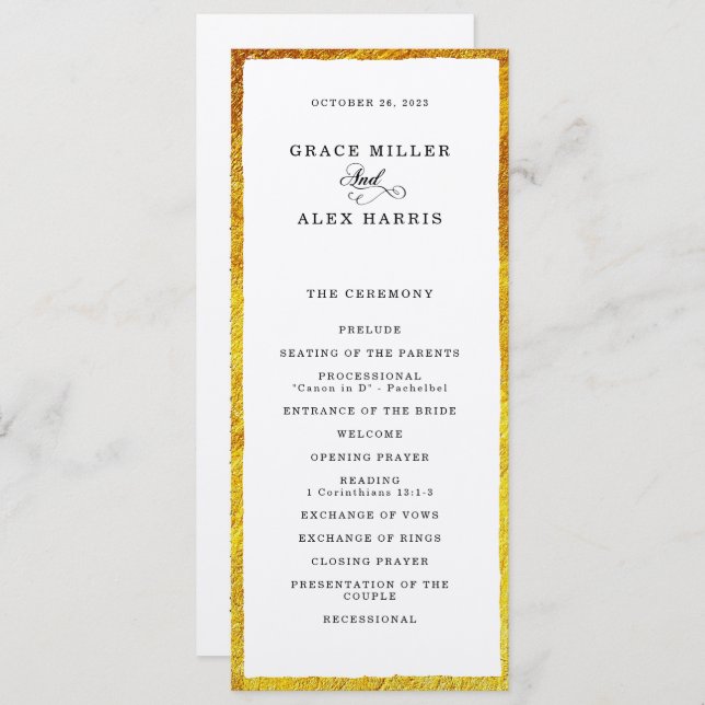 Thin faux gold border wedding program (Front/Back)