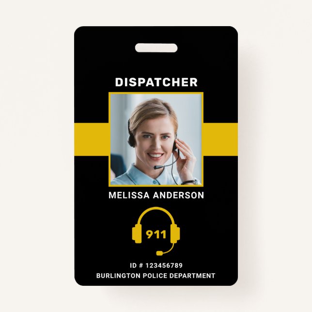 Thin Gold Line Custom Photo 911 Dispatcher ID Card Badge (Front)