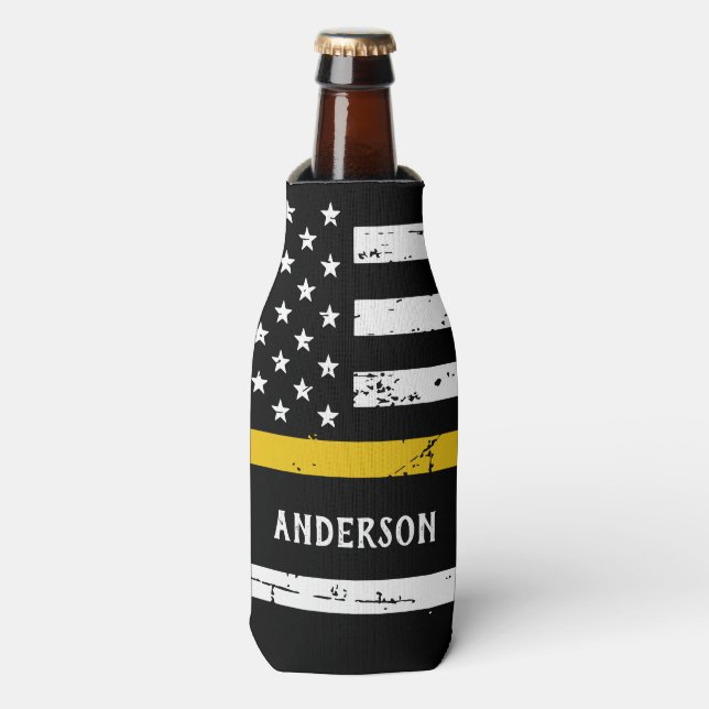 Thin Gold Line Flag Personalized 911 Dispatcher Bottle Cooler (Bottle Front)