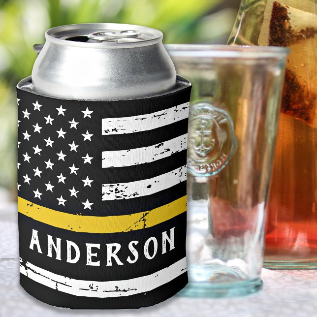 Thin Gold Line Flag Personalized 911 Dispatcher Can Cooler (Creator Uploaded)