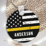 Thin Gold Line Flag Personalized Dispatcher Keychain<br><div class="desc">Thin Gold Line Flag Keychain - USA American flag design in Dispatcher Flag colours, distressed design . Perfect for all 911 dispatchers, police dispatchers and fire dispatchers. Personalize with dispatchers name.. This thin gold line keychain is perfect for a dispatcher retirement party favours, dispatcher thank you gift . COPYRIGHT ©...</div>