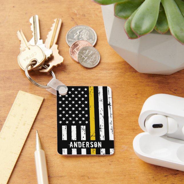 Thin Gold Line Flag Rustic Personalized Dispatcher Keychain (Desk)