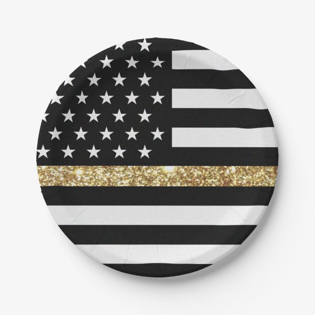 Thin Gold Line Glitter Flag Paper Plate (Front)