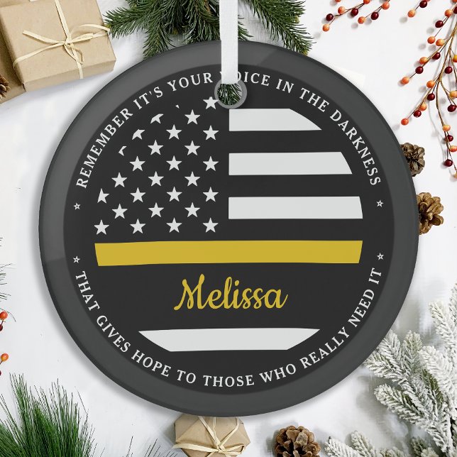 Thin Gold Line Personalized Flag 911 Dispatcher Glass Ornament (Creator Uploaded)
