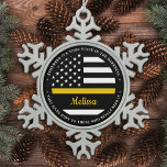 Thin Gold Line Personalized Flag 911 Dispatcher Snowflake Pewter Christmas Ornament<br><div class="desc">The Golden Glue That Holds It All Together. Personalized Thin Gold Line Ornament for 911 dispatchers and police dispatchers. Personalize this dispatcher ornament with name and year. This personalized dispatcher gift is perfect for police dispatcher appreciation, 911 dispatcher thank you gifts, and dispatcher retirement gifts or party favours. Order these...</div>