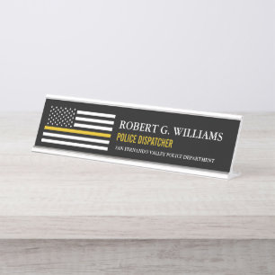 Thin Gold Line Police Flag   Dispatcher Customized Desk Name Plate