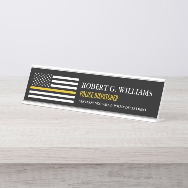 Thin Gold Line Police Flag | Dispatcher Customized Desk Name Plate (Front)