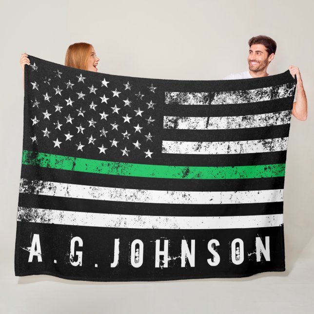 Thin Green Line Distressed American Flag Full Fleece Blanket (In Situ)