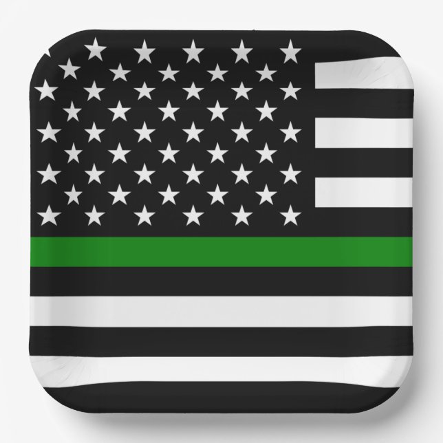 Thin Green Line Flag: Patriotic Military Veterans Paper Plate (Front)