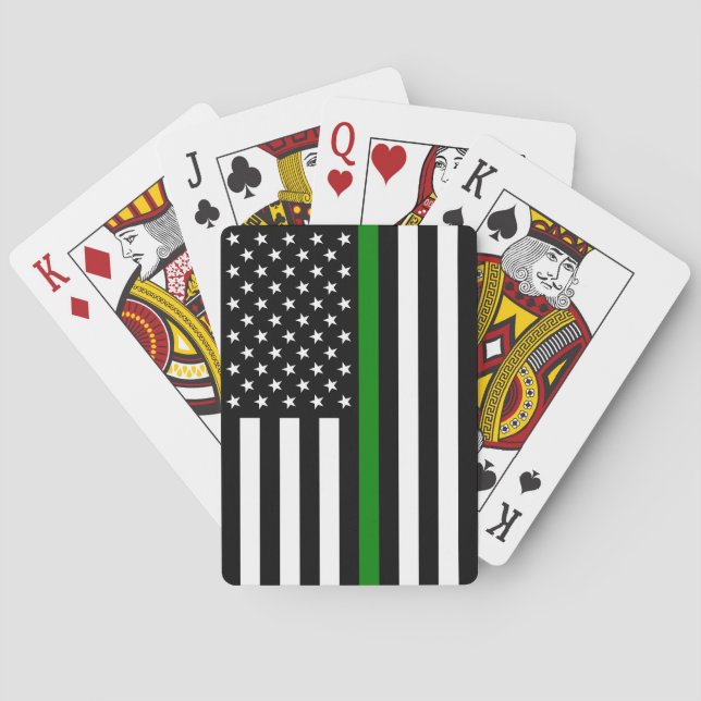 Thin Green Line Flag: Patriotic Military Veterans Playing Cards (Back)