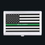 Thin Green Line Military Flag Monogram Business Card Holder<br><div class="desc">This professional business card case features a black and white American flag with a thin green line across the middle and your name in a modern white typography for you to personalize. This is perfect for those in the military, park rangers, conservation officers, and border patrol. Matches our thin green...</div>