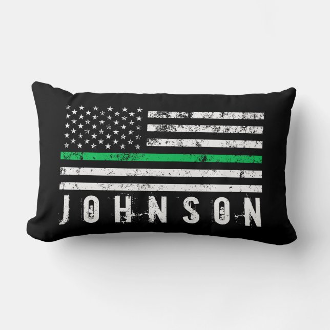 Thin Green Line Styled American Flag Custom Name Lumbar Pillow (Front)