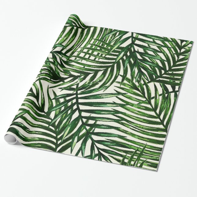 Thin Green Tropical Leaves on White Wrapping Paper (Unrolled)