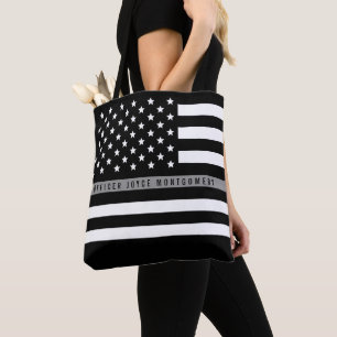 Thin Grey Line American Flag Monogrammed Name Tote Bag