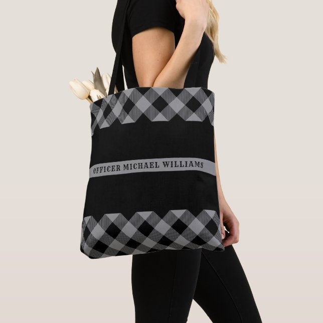 Thin Grey Line Correctional Buffalo Plaid Monogram Tote Bag (Close Up)