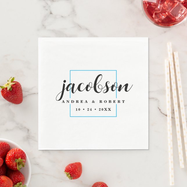 Thin Light Blue Border Napkins with Surname (Insitu)