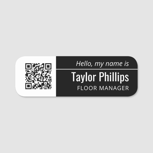 Thin Line Black & White QR Code Name Tag (Front)