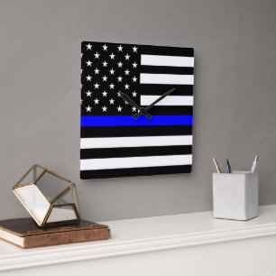 Thin Line Blue Flag Square Wall Clock