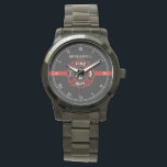 Thin Red Line Custom Name Fire Rescue Serviceman Watch<br><div class="desc">An elegant black, white, and red stripe watch with a spot for your gift recipient's name. Underneath this is a classic fire rescue Maltese Cross symbol resting inside the centre of the watch. A great gift for anyone who is a part of a fire rescue team, currently serving or retired....</div>