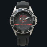 Thin Red Line Custom Name Stripe Firefighter Watch<br><div class="desc">You are part of the brotherhood and sisterhood of fire rescue. Celebrate this with this custom watch that puts your name in red along the continuous thin red line along the lower centre of the watch. Closer towards the centre, the classic firefighter symbol the Maltese Cross. A modern and stylish...</div>