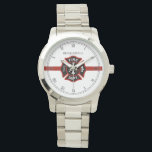 Thin Red Line Customized Fire Rescue Themed Watch<br><div class="desc">An elegant white, and red stripe watch with a spot for yours or your gift recipient's name. Underneath this is a classic fire rescue Maltese Cross symbol resting inside the centre of the watch. A great gift for anyone who is a part of a fire rescue team, serving or retired....</div>