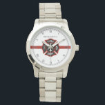 Thin Red Line Customized Fire Rescue Themed Watch<br><div class="desc">An elegant white, and red stripe watch with a spot for yours or your gift recipient's name. Underneath this is a classic fire rescue Maltese Cross symbol resting inside the centre of the watch. A great gift for anyone who is a part of a fire rescue team, serving or retired....</div>