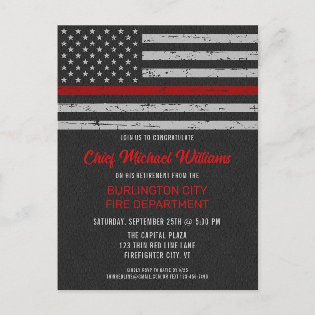 Thin Red Line Fire Academy Firefighter Retirement Invitation Postcard (Front)