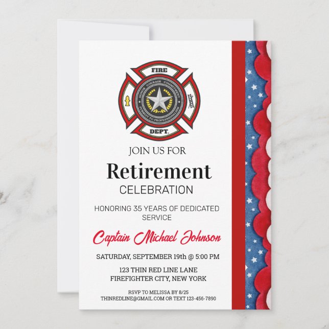 Thin Red Line Fire Department Retirement  Invitation (Front)
