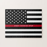 Thin Red Line Firefighter American Flag Monogram Jigsaw Puzzle<br><div class="desc">This fun puzzle features a black and white firefighter thin red line American flag design with stars and stripes on a black background and a name for you to personalize. Makes a unique gift.</div>