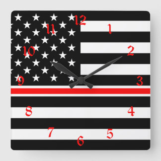Thin Red Line Firefighter American Flag Square Wall Clock