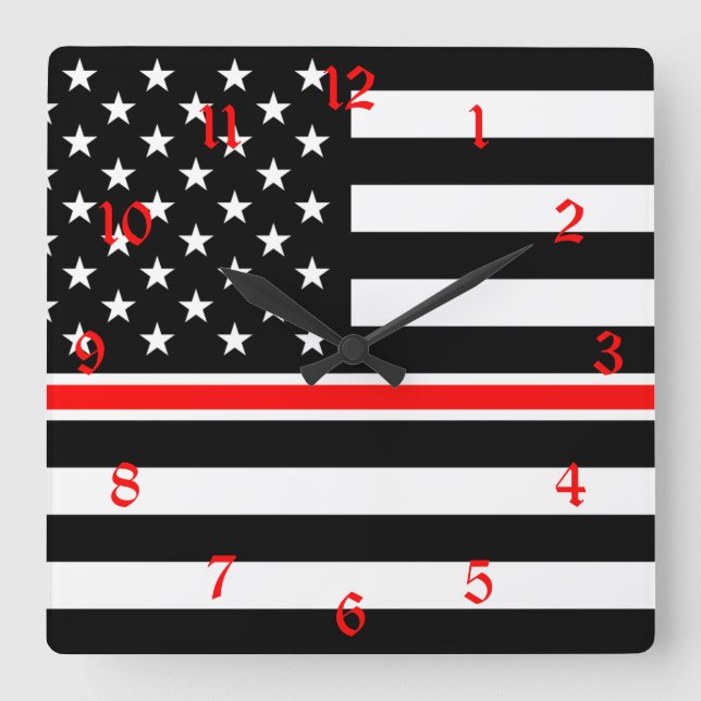 Thin Red Line Firefighter American Flag Square Wall Clock (Front)