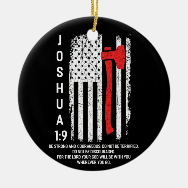Thin Red Line Firefighter Bible Verse Christian Ceramic Ornament (Front)