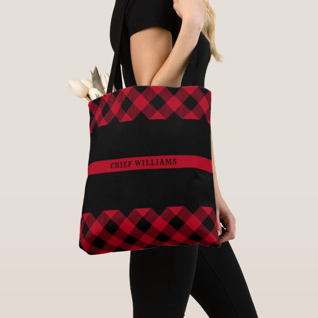 Thin Red Line Firefighter Buffalo Plaid Monogram Tote Bag (Close Up)
