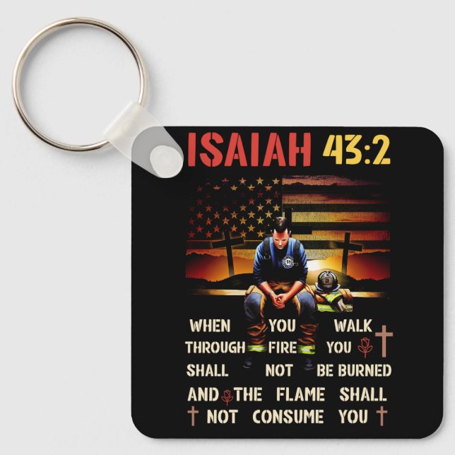 Thin Red Line Firefighter Cross Bible Verse Americ Keychain (Front)